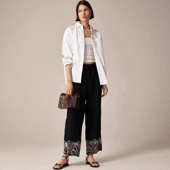 New JCREW Size M Soleil Pant in Embroidered Linen Black Beige $148 CI945 - Picture 4 of 8